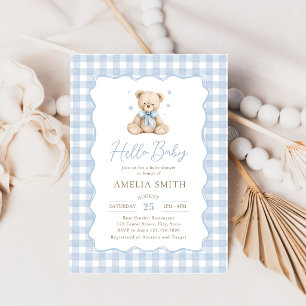 Invitation Ourson en peluche bleu Bonjour Bébé Fête de naissa