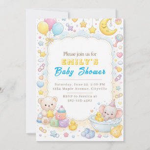 Invitation Ourson et éléphant pastel mignons pour une baby sh