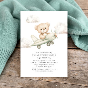 Invitation Ourson Mignon Avion Aquarelle Anniversaire