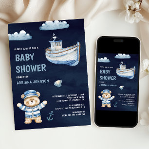 Invitation Ourson Mignon Bateau de Marine Garçon Baby Shower 