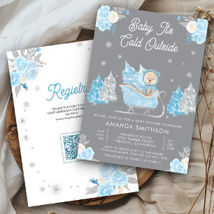 Invitation Ourson Mignon Traîneau Bleu Fête de Naissance Bébé