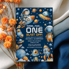 Invitation Outer Space Astronaut Cat Blast Off 1st Birthday
