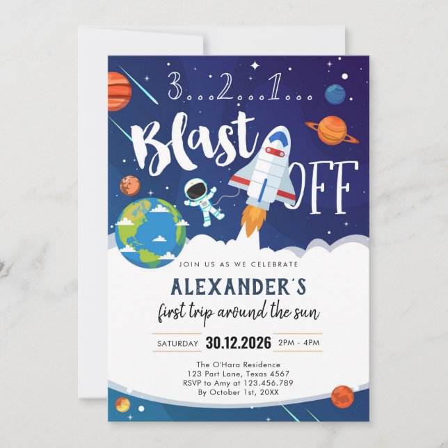 Invitation Outer Space First Trip Around the Sun 1st Birthday (Devant)