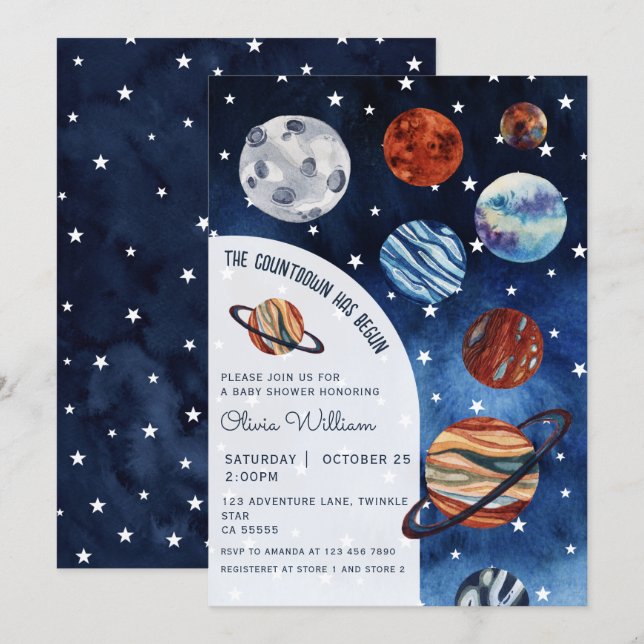 Invitation Outer Space Planets Navy Blue Boy Baby Shower  (Devant / Derrière)