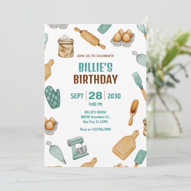 Invitation Outils de boulangerie verts motif anniversaire (Debout devant)