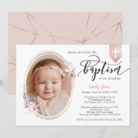 Oval Floral Photo Rose or Bannière Baptême Invitat