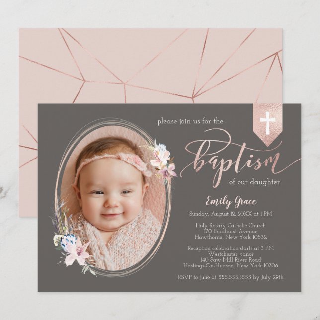 Invitation Oval Floral Photo Rose or Bannière Baptême Invitat (Devant / Derrière)