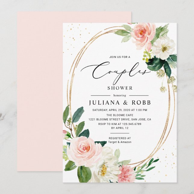Invitation Oval Géométrique Blush rose Floral Couples Douche (Devant / Derrière)