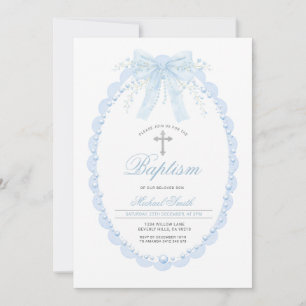 Invitation Ovale Perle Bleue Baptême Garçon Christening avec