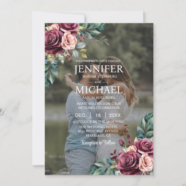 Invitation Overlay Portrait Photo QR Roses Mariage (Devant)