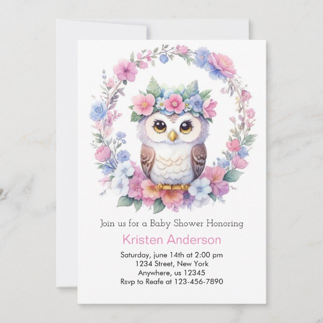 Invitation Owl Elegance : Baby shower de fille (Devant)