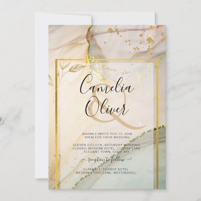 Invitation Oyster Pearl Gold MARIAGE Encre d'alcool Abstraite (Devant)