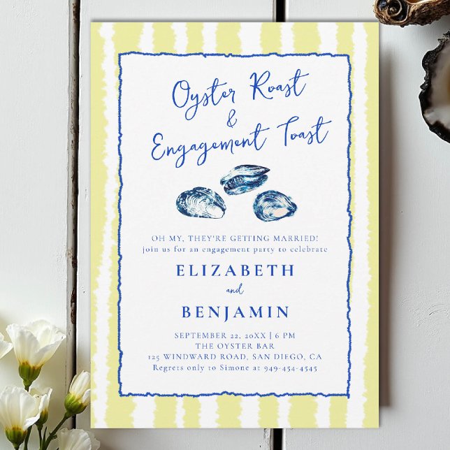 Invitation Oyster Roast Blue Yellow Stripes Partie d'engageme (nautical engagement invitation oyster party coastal seaside yacht club boat beach blue handdrawn)