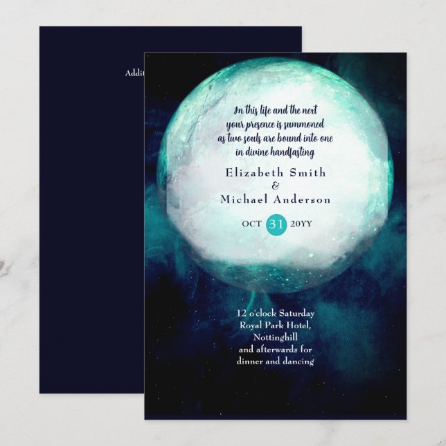 Invitation Pagan Wiccan Turquoise Lune Gothique Handfasting I (Devant / Derrière)