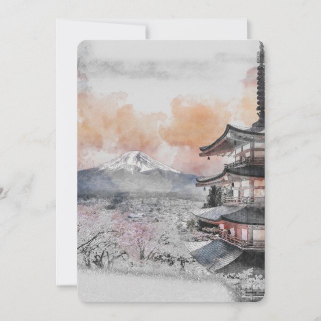 Invitation Pagode japonaise à l'aquarelle & Mont Fuji (Devant)
