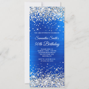 Invitation Pailleté Argent Bleu Royal Feuille 50e Anniversair