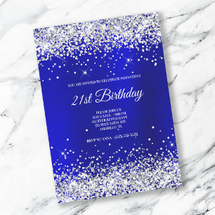 Invitation Pailleté Argent Brillant Satin Bleu Foncé Feuille