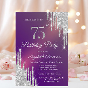 Invitation Pailleté Argent Chic Gouttes Violet 75e Anniversai