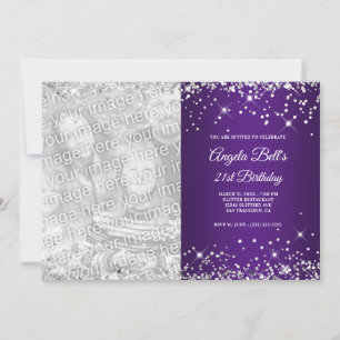 Invitation Pailleté Argent Glitter Royal Violet Photo Anniver