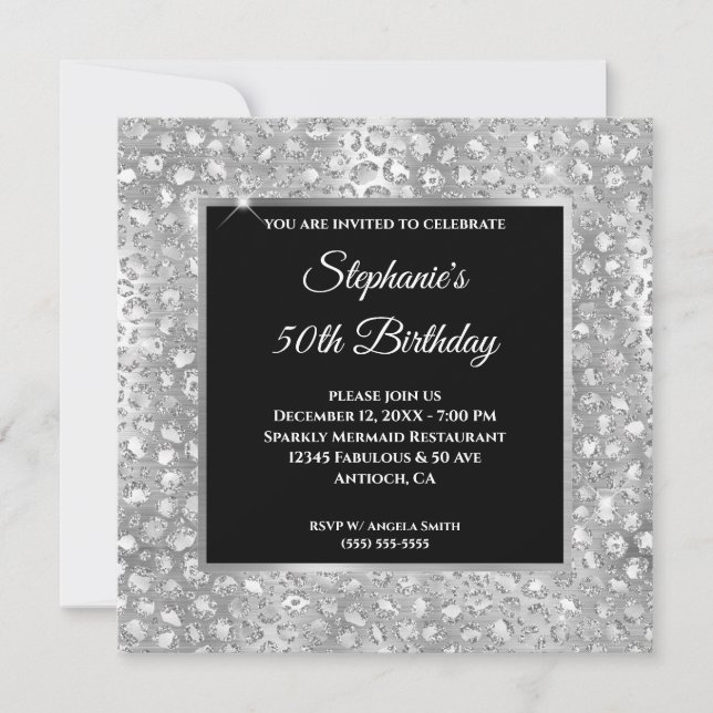 Invitation Pailleté Argent Paillettes Imprimé Léopard Anniver (Devant)