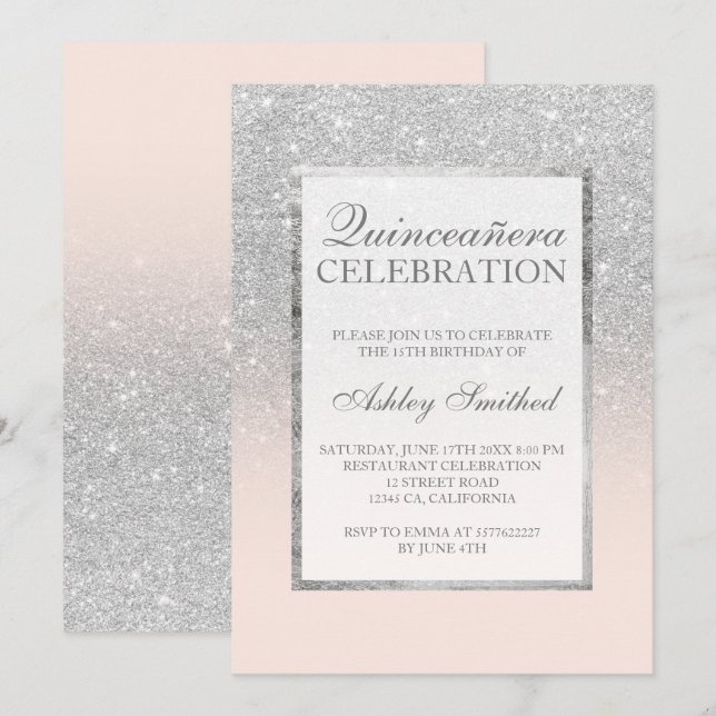 Invitation Pailleté argent rose élégant chic Quinceañera (Devant / Derrière)