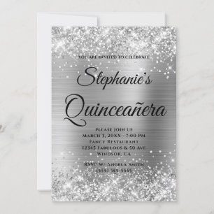 Invitation Pailleté Argenté Monogramme Fantaisie Quinceañera