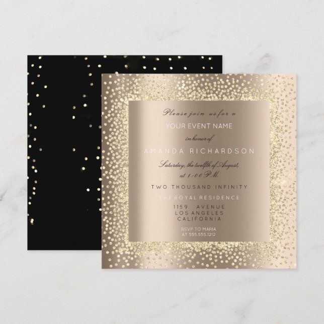 Invitation Pailleté Champagne Sépia Or Ivoire Confettis Lux (Devant / Derrière)
