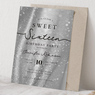 Invitation Pailleté Chic Élégant Anniversaire 16 Ans Argenté