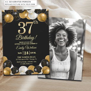 Invitation Pailleté Noir Élégant Or 37e Anniversaire Photo