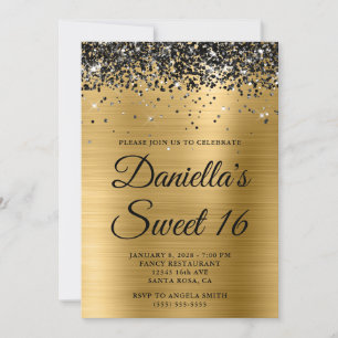 Invitation Pailleté Noir Paillettes Dorées Feuille Douce 16