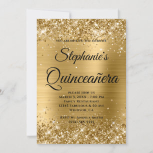 Invitation Pailleté Or Feuille Luxe Monogram Quinceañera