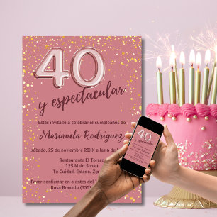 Invitation Pailleté Or Rose Élégant 40e Anniversaire Espagnol