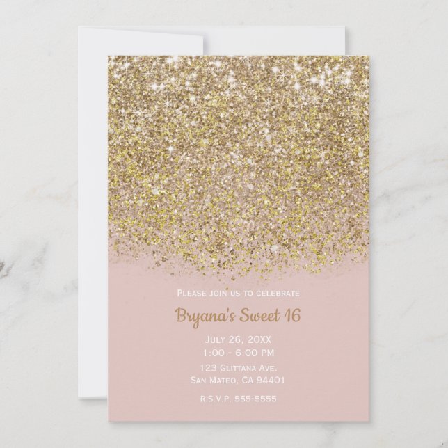 Invitation Pailleté Rose et Or Moderne Tendance Glamour Chic  (Devant)