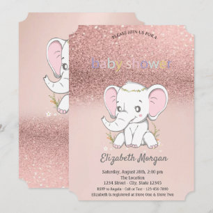Invitation Pailleté Rose Gold Bokeh, Baby Shower Éléphant Béb