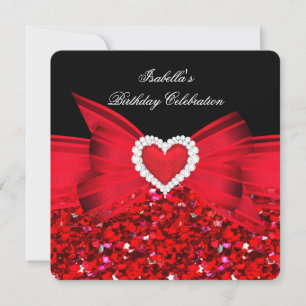 Invitation Pailleté Rouge Coeur Nœud Noir Fête d'Anniversaire