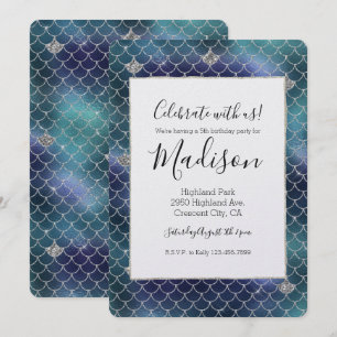 Invitation Pailleté Sirène Bleu Aqua Argenté