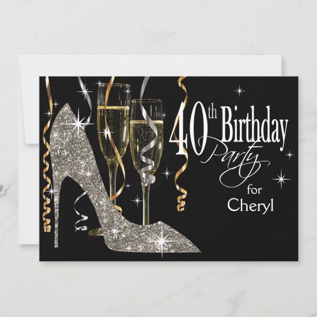 Invitation Pailleté Stiletto Champagne 40e Anniversaire argen (Devant)