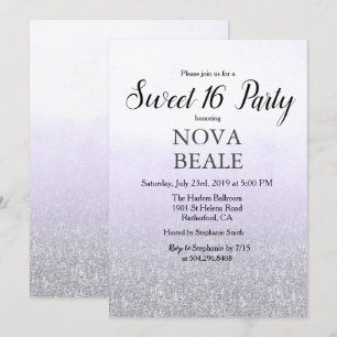 Invitation pailletée lavande pour fête Sweet 16