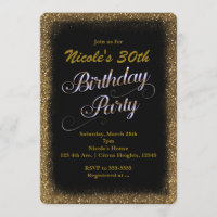 Invitation pailletée noire et or pour fête d'anniv