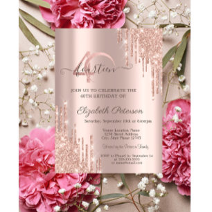 Invitation Pailletés Rose Gold Gouttes Rose Gold 40e Annivers
