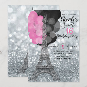 Invitation Paillettes Argentées & Ballons Fête Tour Eiffel Pa