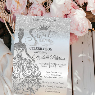 Invitation Paillettes Argentées Bokeh Ombré, Robe, Diadème, S