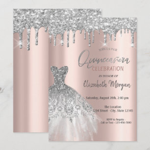 Invitation Paillettes argentées gouttes,Robe Rose Gold Quince