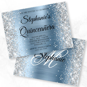 Invitation Paillettes Argentées Monogramme Bleu Clair Quincea