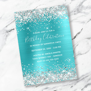 Invitation Paillettes Argentées Turquoise Bleu Anniversaire F