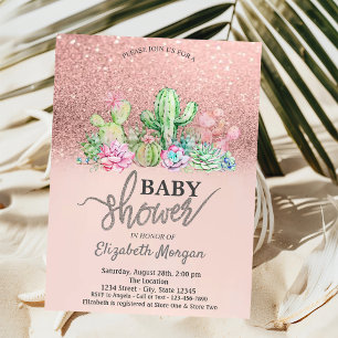 Invitation Paillettes Bokeh Rose Gold, Baby Shower Cactus