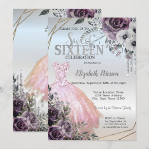 Invitation Paillettes chic gouttes, Fleurs de robe Douce 16 a
