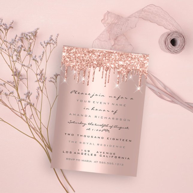 Invitation Paillettes de scintillement d'étincelle Rose Gold  (Spark Glitter Drips Rose Gold Bridal Sweet 16th Invitation)