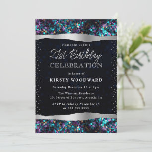 Invitation Paillettes de sirène bleues et violettes pour 21e