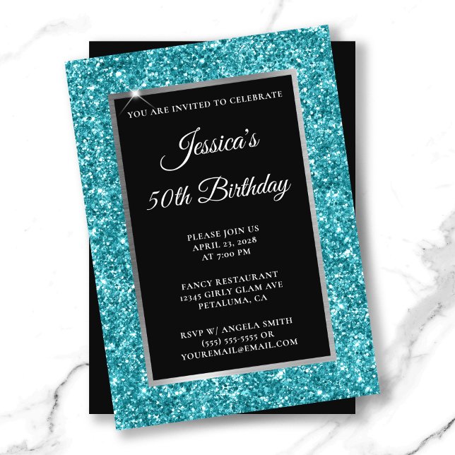 Invitation Paillettes de turquoise foncé 50e anniversaire noi (Dark Turquoise Glitter Black 50th Birthday Invitation)
